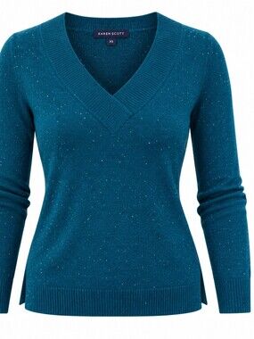 KAREN SCOTT | Cozy Teal Blue Fitted Crossover V-Neck Sweater White Speckles | XS